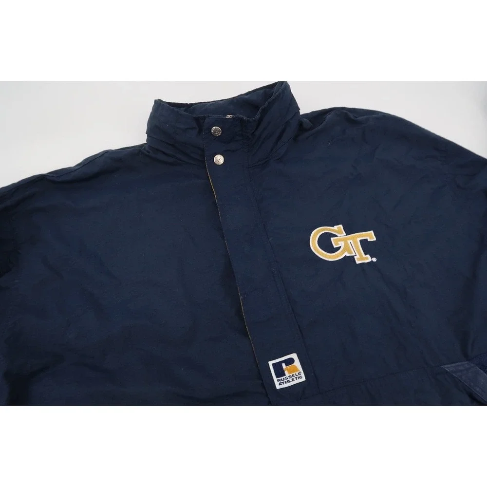 Vintage 90s Georgia Tech‎ Mens Large 1/2 Zip Jacket Hood Russell Athletic Navy